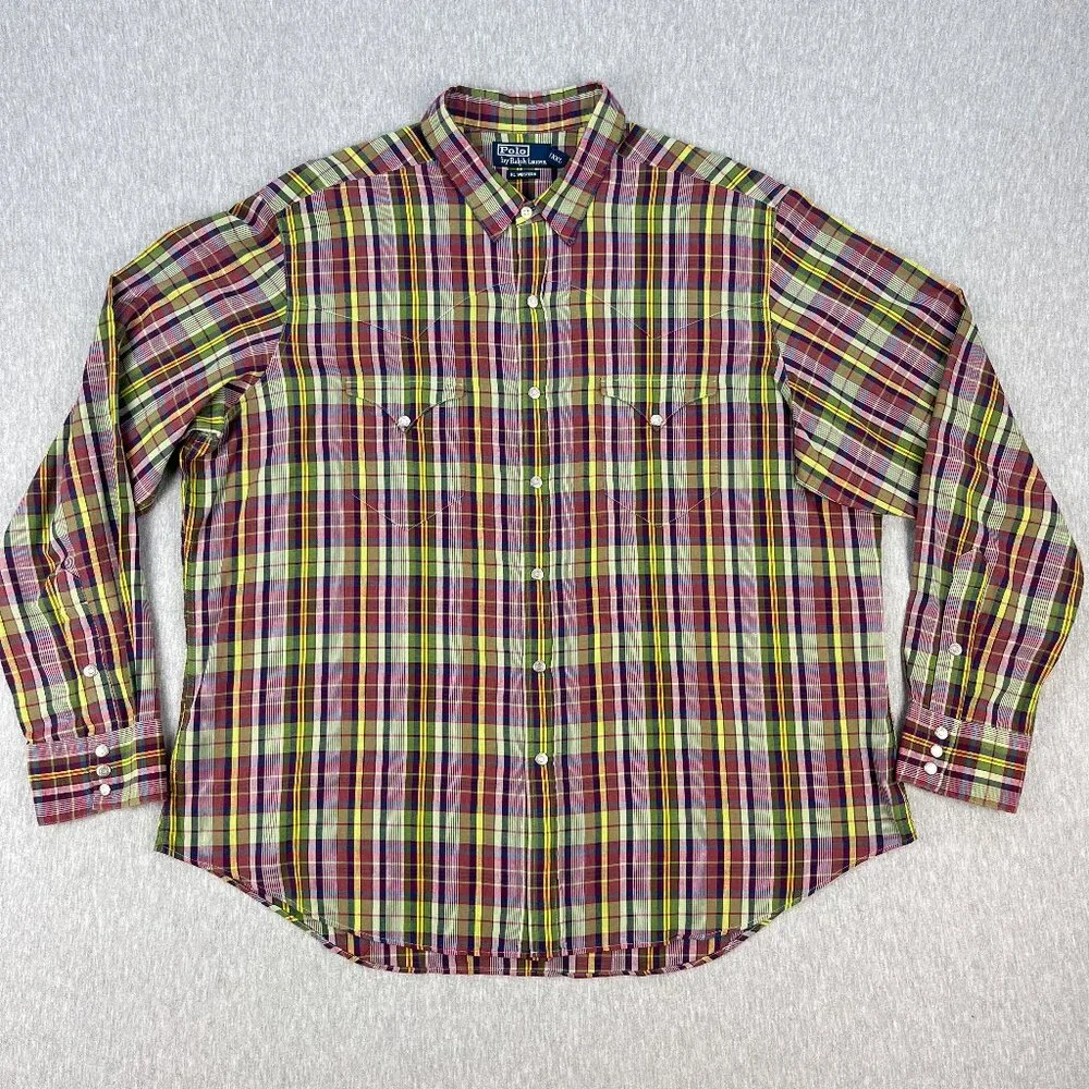Vintage Polo Ralph Lauren RL Western Shirt Mens XXL Plaid Metal Snap Long Sleeve